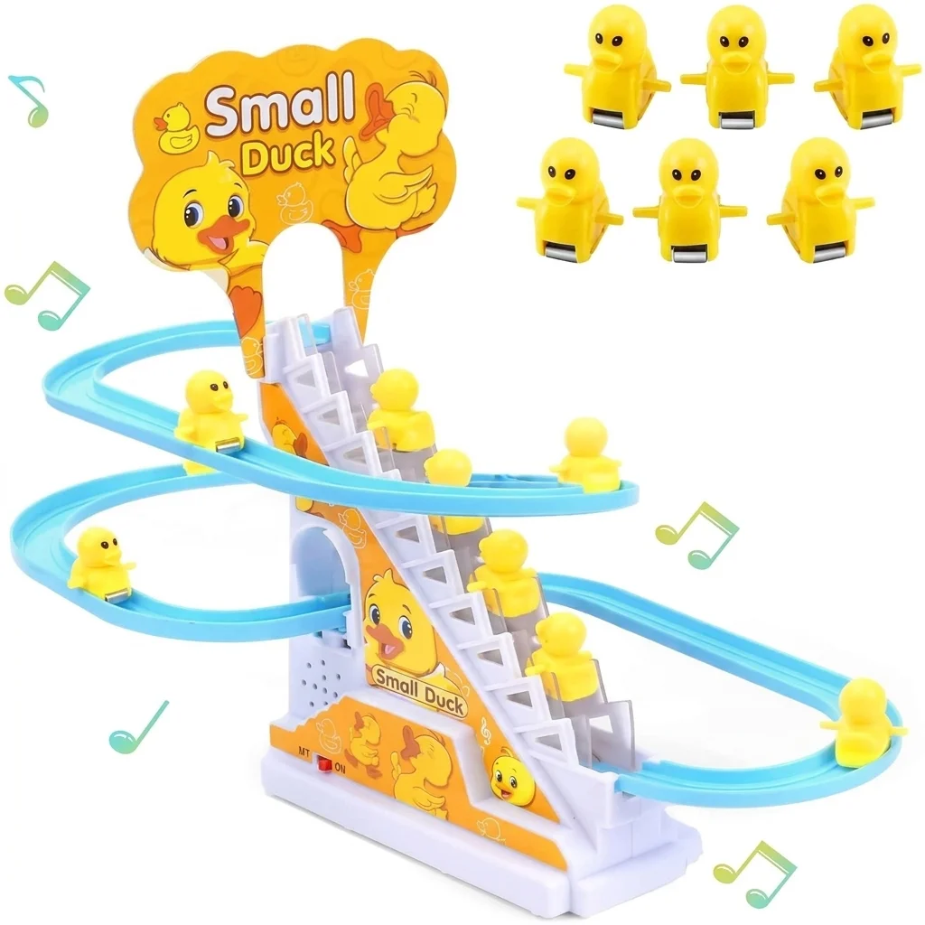 The Musical Duck Climbing Stairs Toy is a delightful battery-operated track toy with 6 cute ducks that climb and slide w