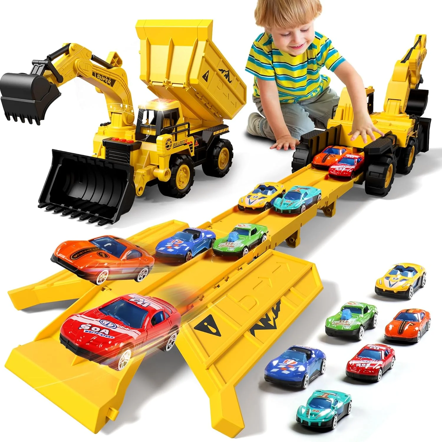 The Alloy Engineering Vehicle Playset includes 6 die-cast metal vehicles with transforming ejection launch mechanism in 