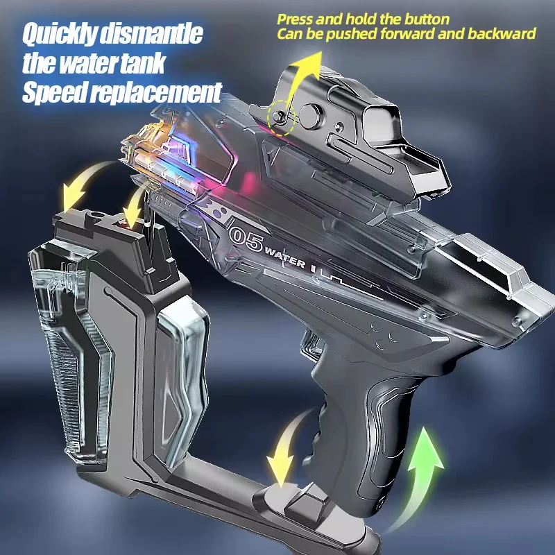 The Linkage Transparent Electric Water Gun features a unique see-through body with dynamic LED lighting and synchronized