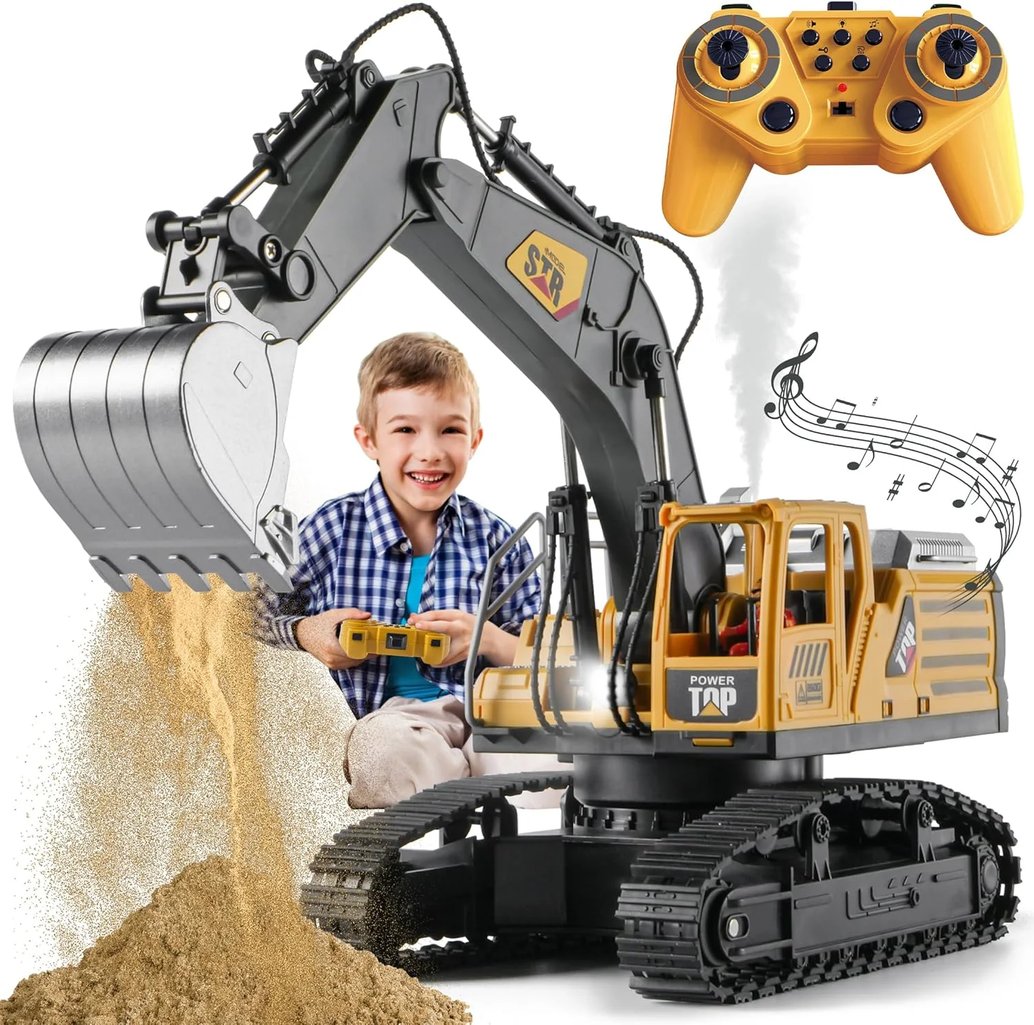 The 1:14 Professional Alloy RC Excavator features a full-metal alloy body, 2.4GHz 14-channel remote control, and realist