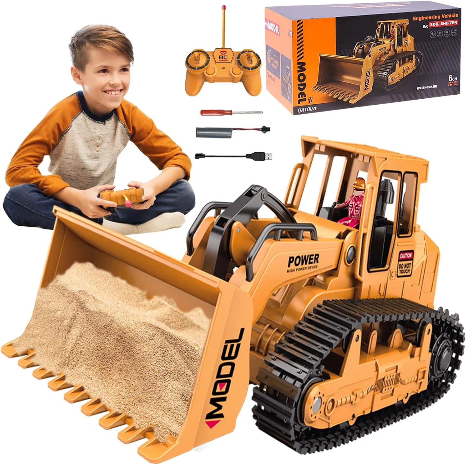 The Heavy Duty RC Bulldozer features realistic LED lights, music, and powerful tracked movement for indoor and outdoor p