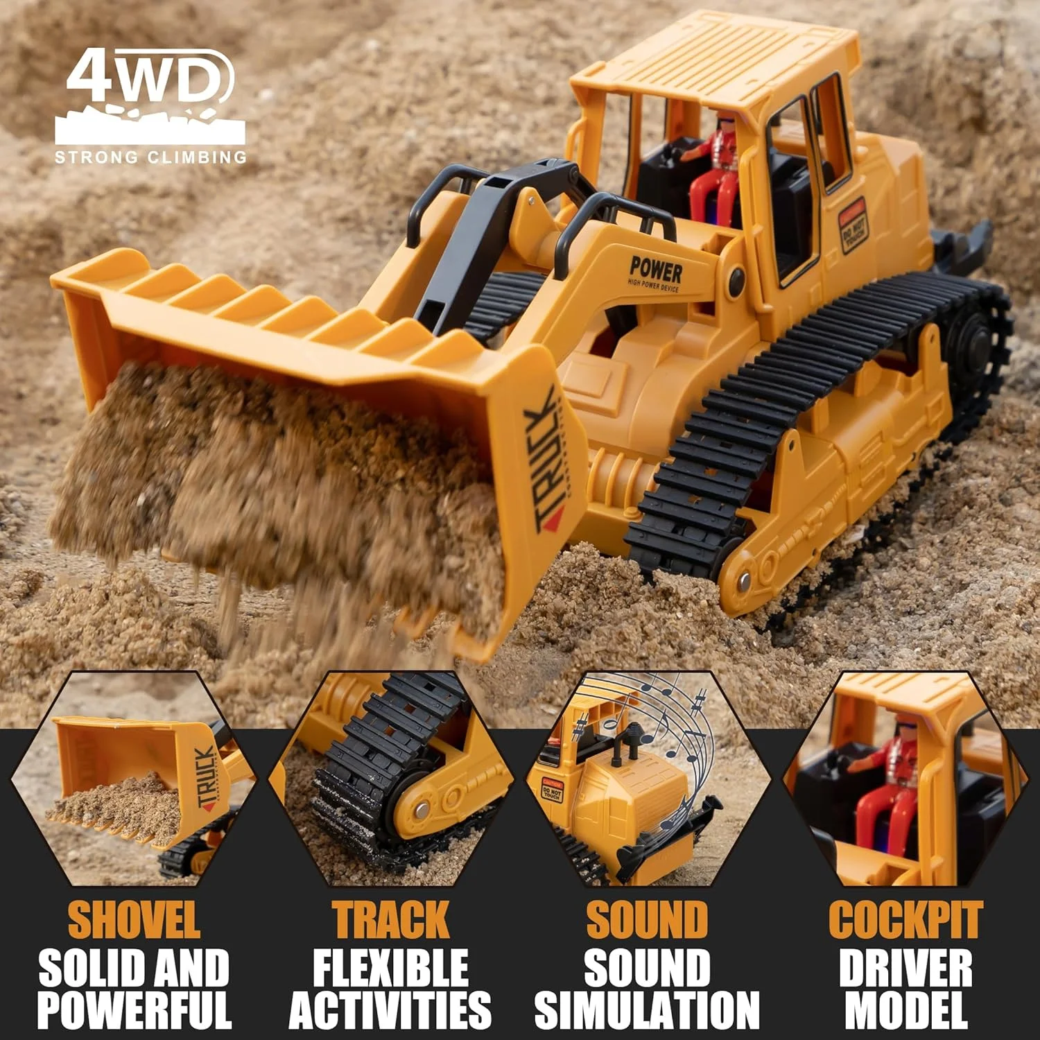 Heavy Duty RC Bulldozer - LED Light Music Construction Vehicle Toy, Tracked Motion for Indoor Outdoor Play - KT205947 view 2