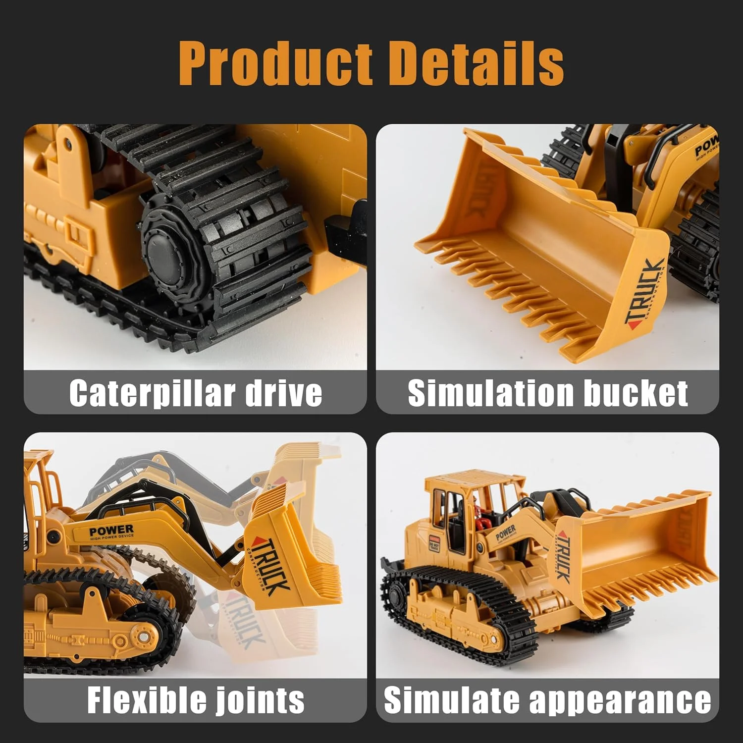 Heavy Duty RC Bulldozer - LED Light Music Construction Vehicle Toy, Tracked Motion for Indoor Outdoor Play - KT205947 view 6