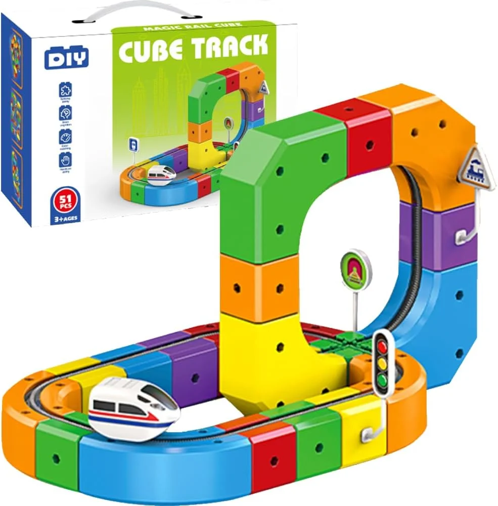 The 3D DIY Cube Track Racing Car (51pcs) is a creative STEM construction toy that children assemble into a functioning m