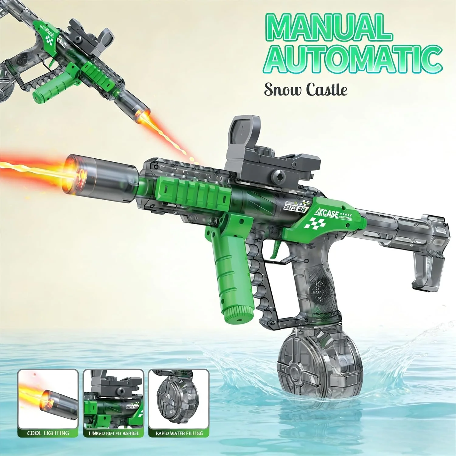 The Dragon Spitfire Automatic Water Gun features a high-capacity drum magazine for continuous water spraying action. Fac