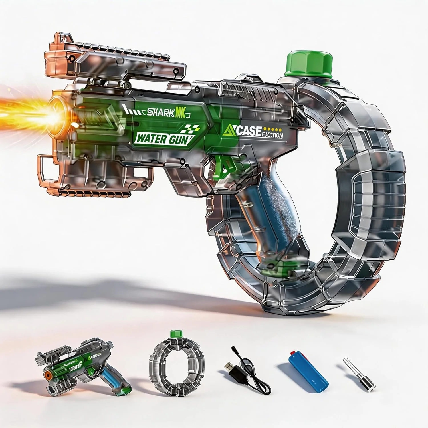 The Space Ring Spitfire Automatic Water Gun (Green) features a unique circular magazine design with fully automatic wate