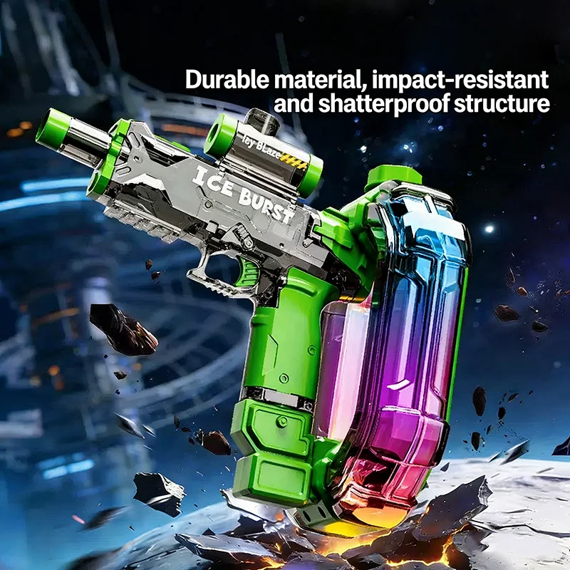 The Ice Storm LED Automatic Water Gun is a visually striking toy featuring dynamic LED lighting effects synchronized wit