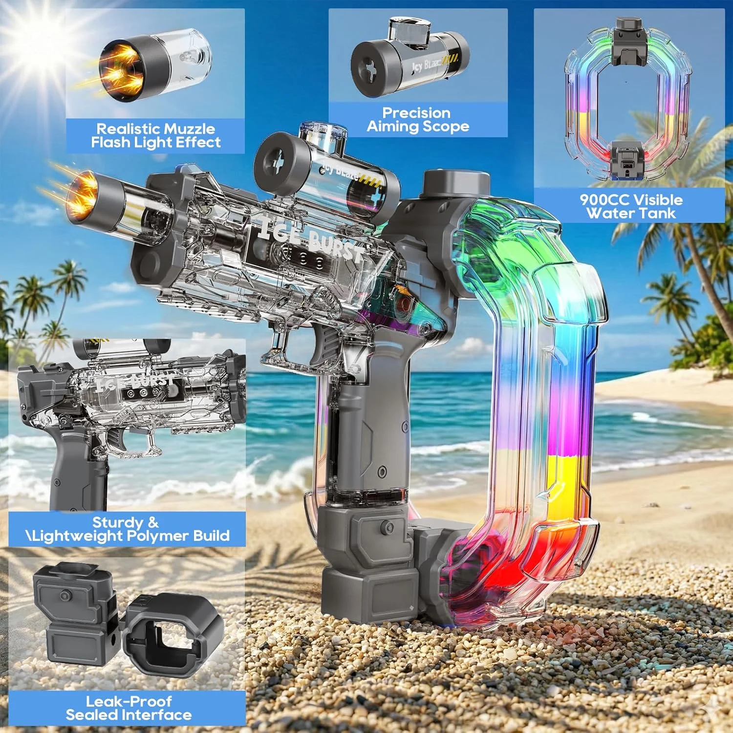 Ice Storm LED Automatic Water Gun - Colorful Glow Electric Blaster, 900ML Tank, 33FT Range Summer Toy - KT211574 view 11