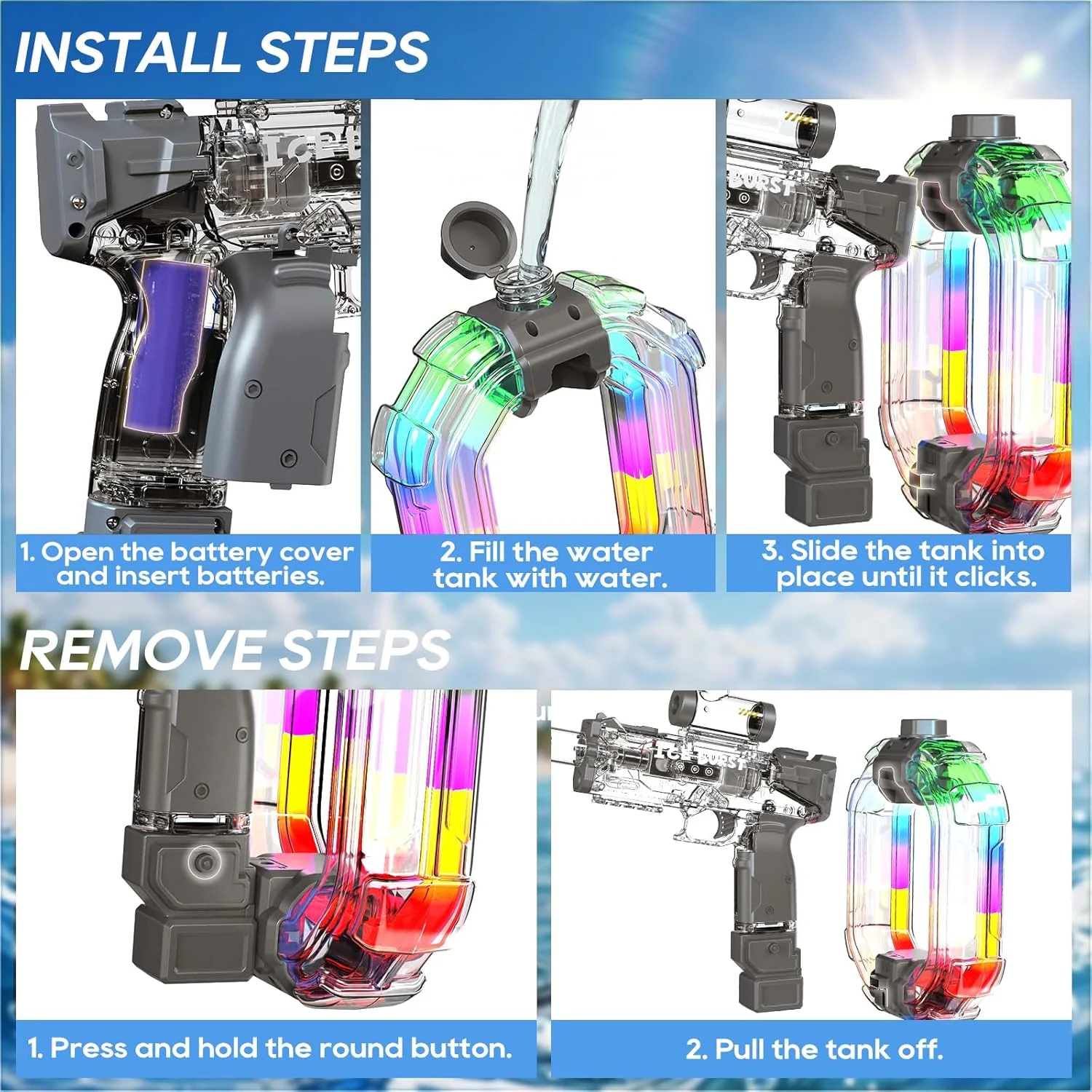 Ice Storm LED Automatic Water Gun - Colorful Glow Electric Blaster, 900ML Tank, 33FT Range Summer Toy - KT211574 view 12
