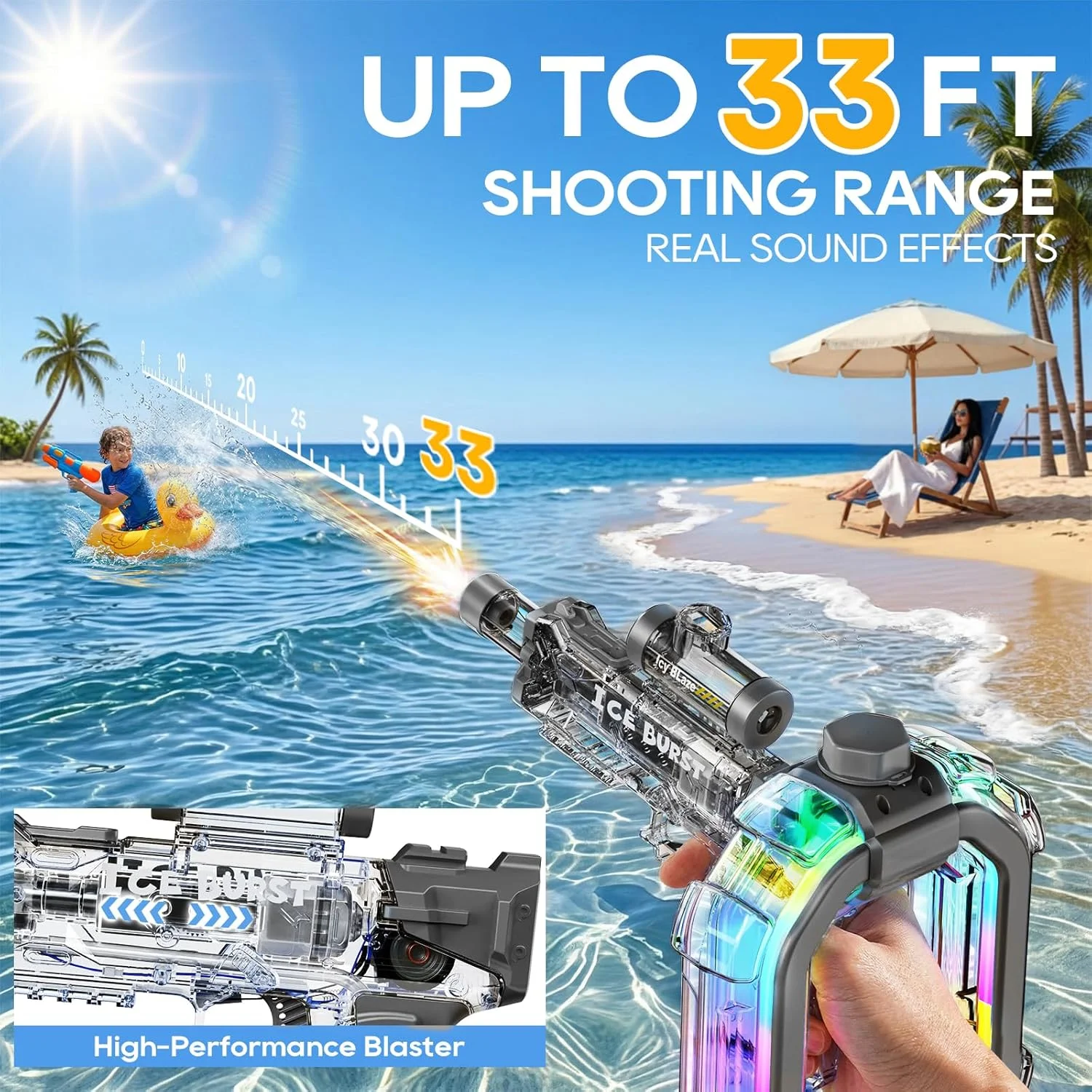 Ice Storm LED Automatic Water Gun - Colorful Glow Electric Blaster, 900ML Tank, 33FT Range Summer Toy - KT211574 view 9