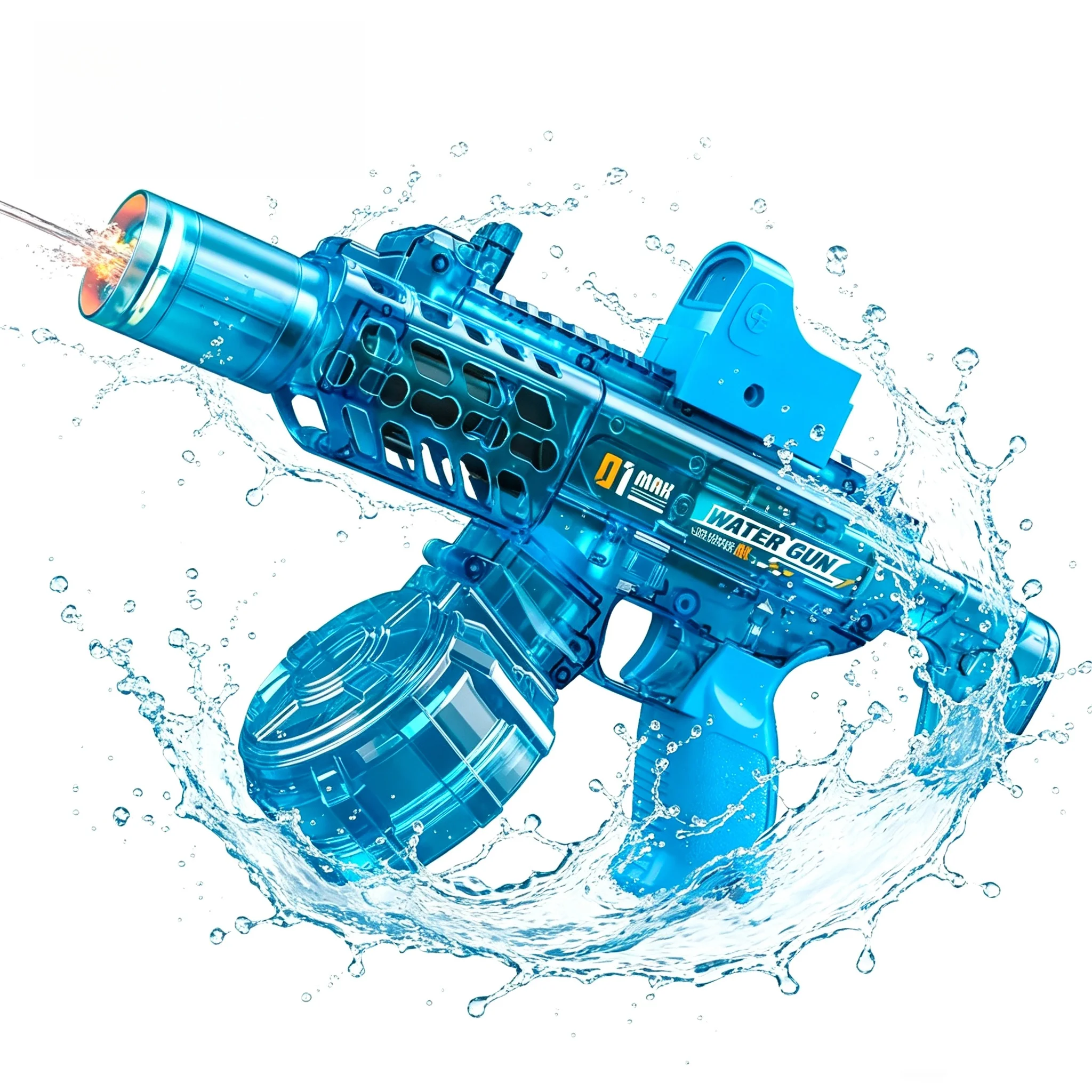 The MCX Linkage Automatic Water Gun (Transparent Blue) showcases a striking see-through blue body with mechanical linkag