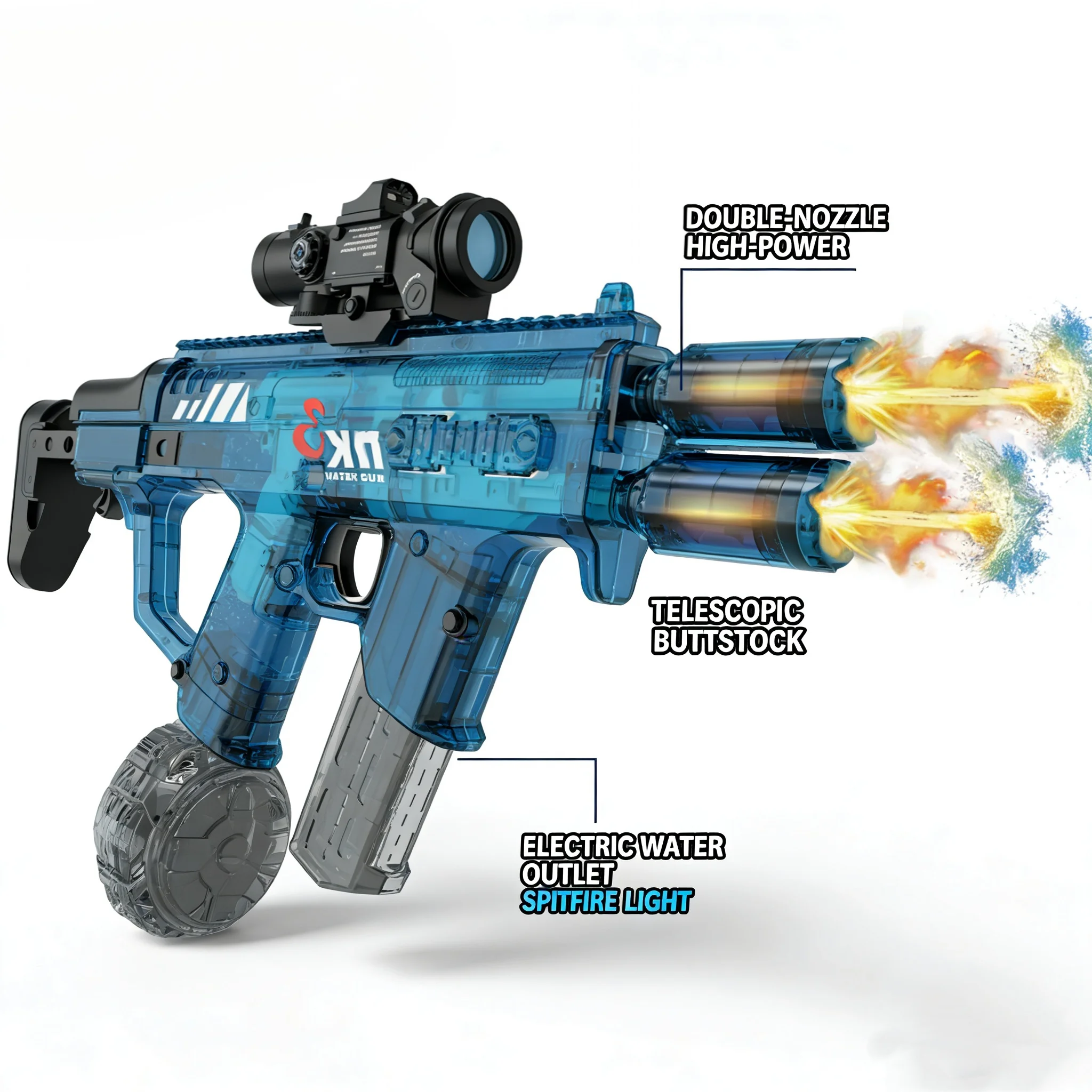 MK3 Dual Nozzle Automatic Water Gun - Flame Suppressor Design Electric Blaster, Twin Jet Summer Toy - KT211620 view 5