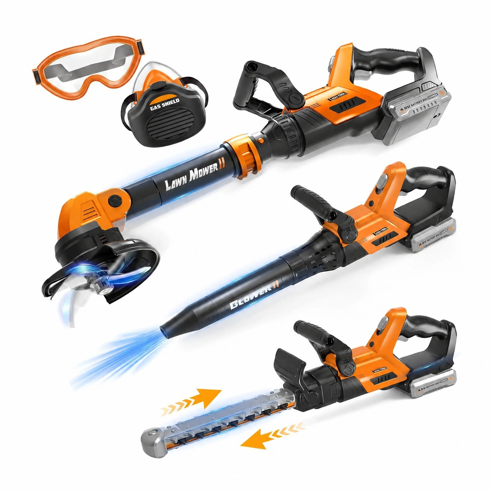 The 3-in-1 Power Garden Tools Set for Kids includes a toy lawn mower, leaf blower, and hedge trimmer with realistic batt